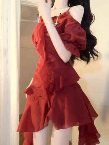 Niulatu High Low Spaghetti Straps Burgundy Ankle length Beach Dresses Birthday Outfits SD552